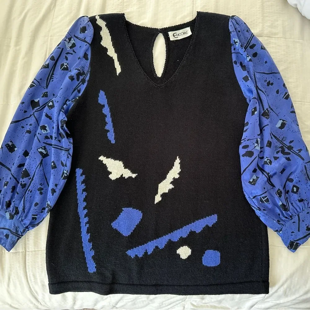 80s Sweater Vintage Geometric Print Fine Knit Sweater Shoulder Pads Size L